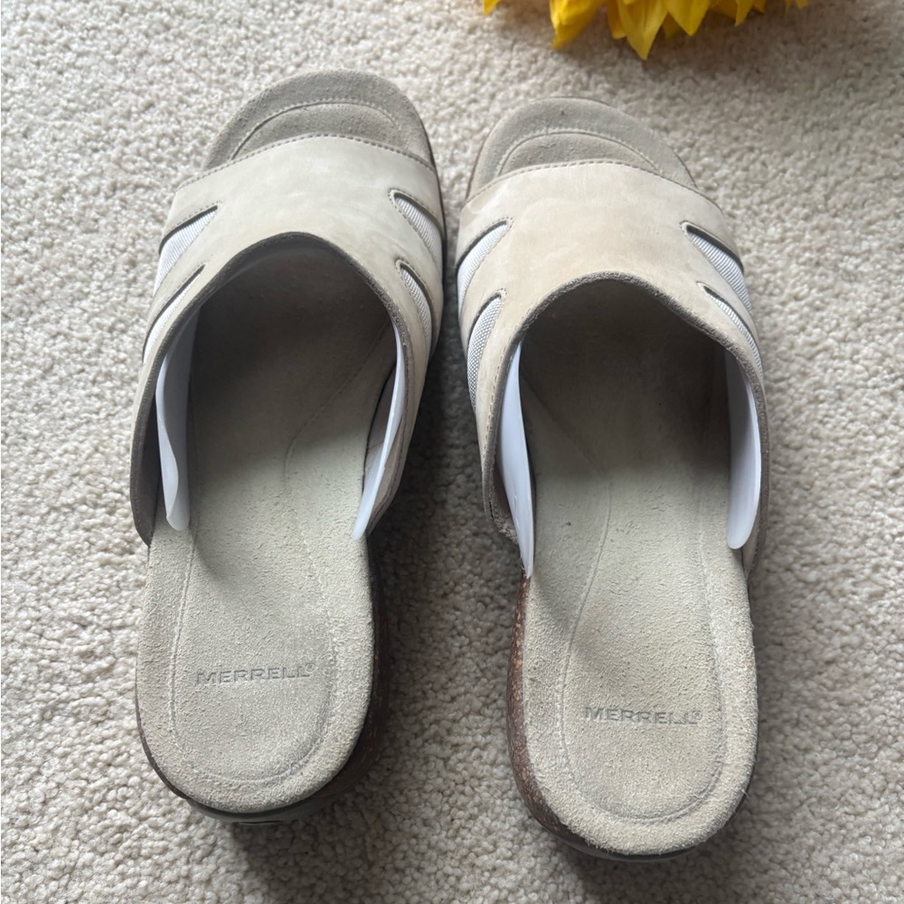 Merrell Leather Slide Sandals Comfort Footbed Neutral | Women’s - Picture 2 of 8